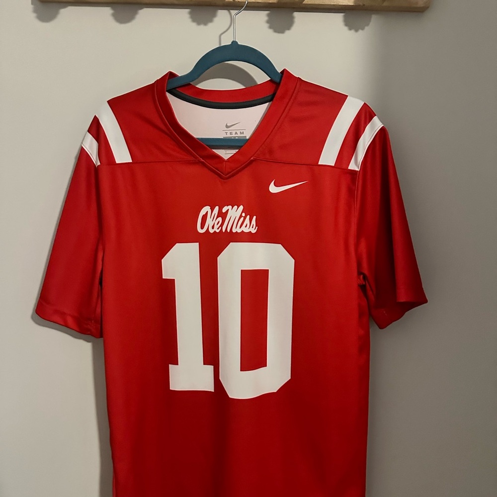 Nike Red Ole Miss Football Jersey with White Accents #10
